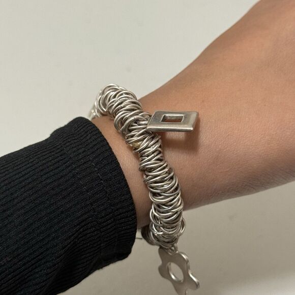 Vintage Sterling Links Bracelet With Charms Adjustable Solid - Picture 2 of 5